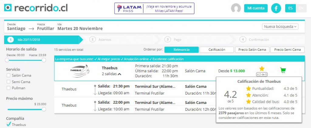 Calificaciones de Buses Thaebus en ruta Santiago - Frutillar